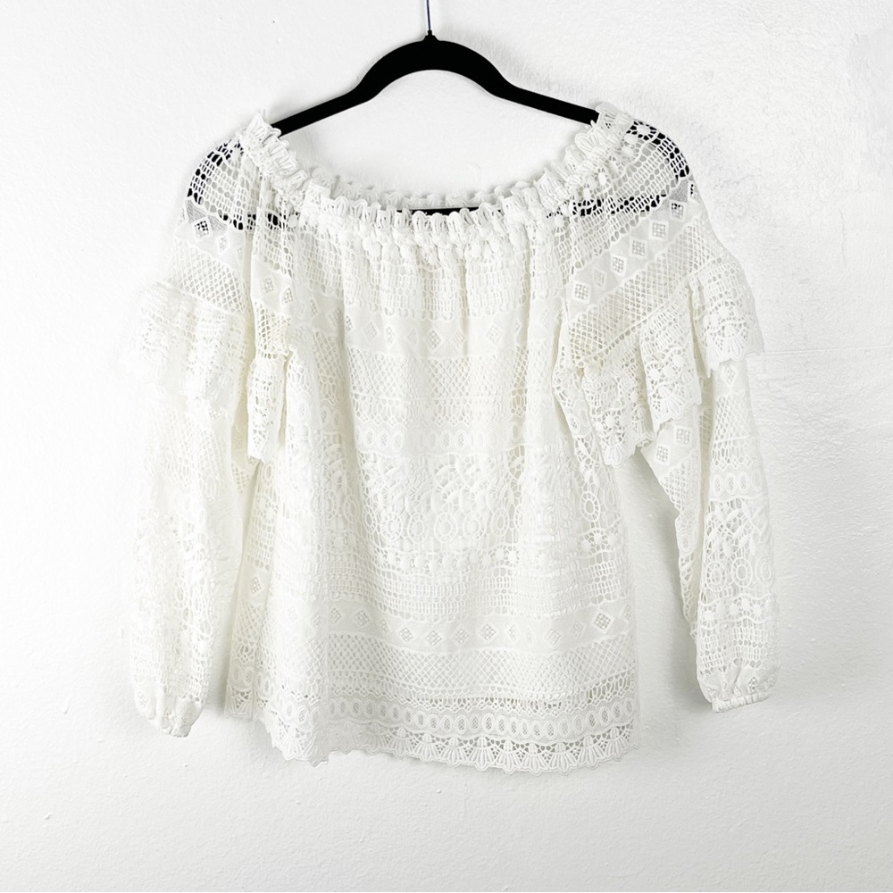 PARKER Jordanna White Crochet Lined Body Sheer Long Ruffle Sleeves Blouse XS